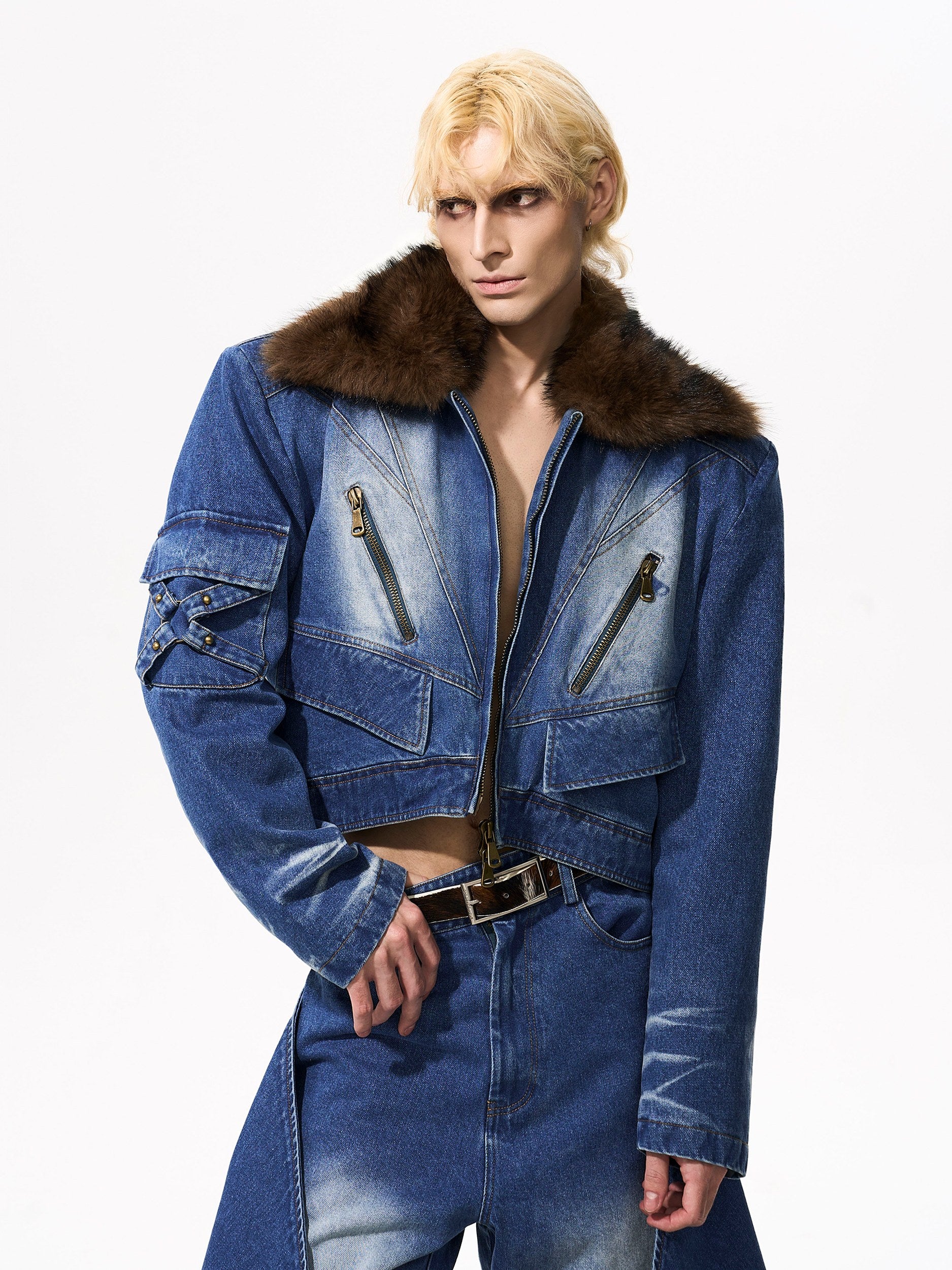 Vintage Faux Fur Patchwork Denim Pants Set