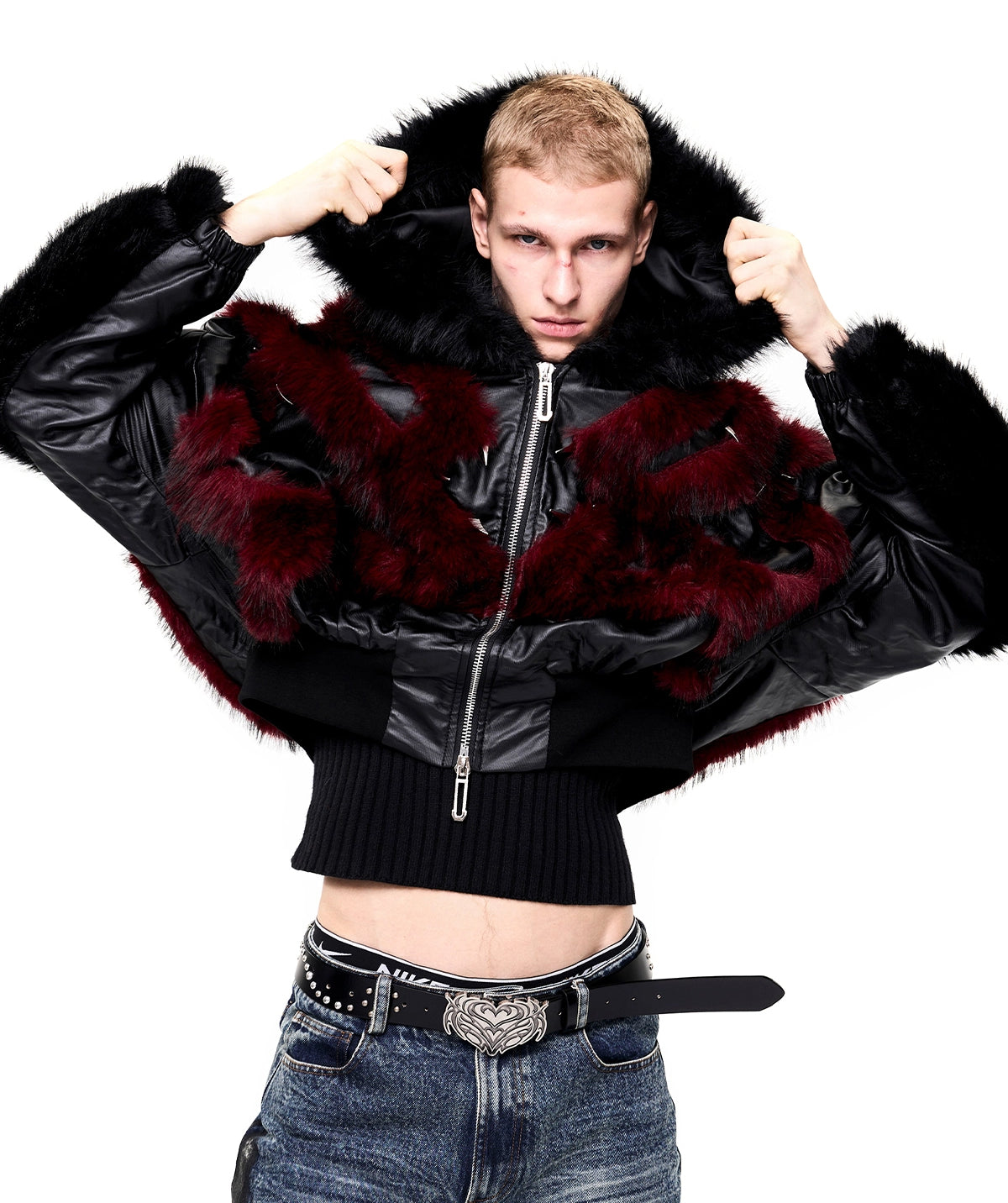 Faux Fur Hooded Studded Short Jacket