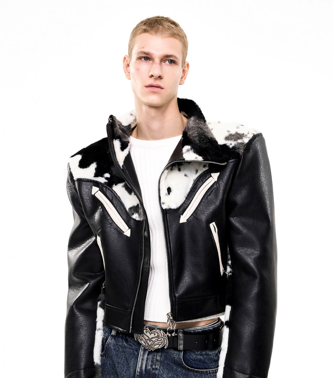 Cow Print Faux Fur Leather Jacket