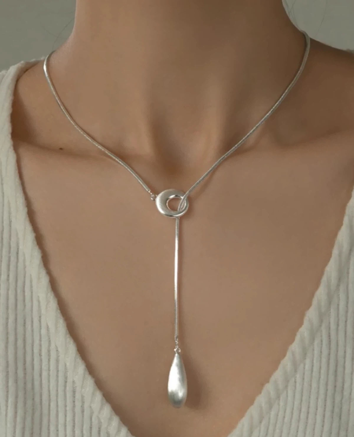 Brushed Metal Teardrop Pull Chain Necklace