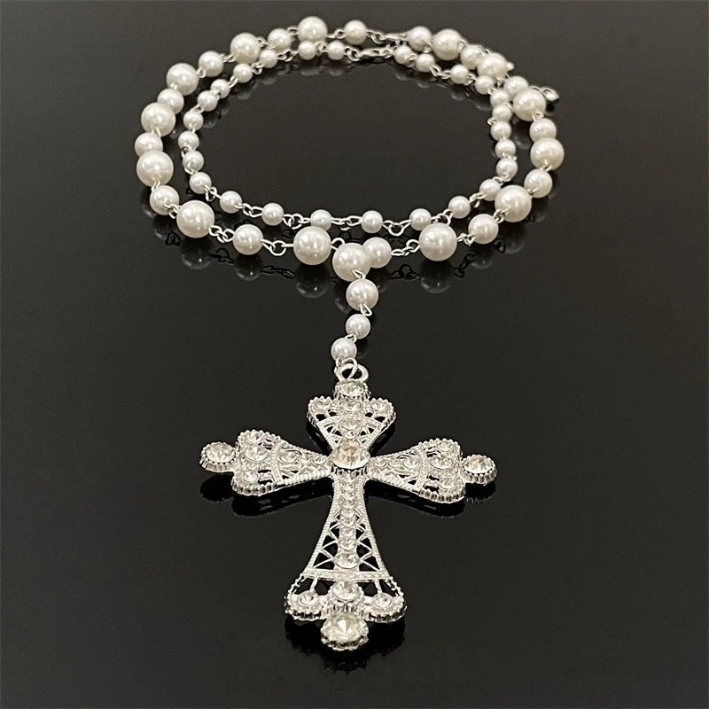 Gothic Black Cross Beaded Long Necklace