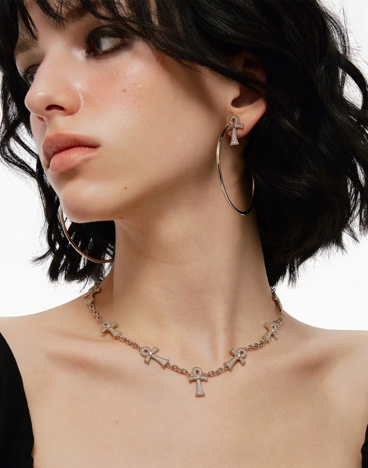 Large Zircon Ankh Hoop Earrings