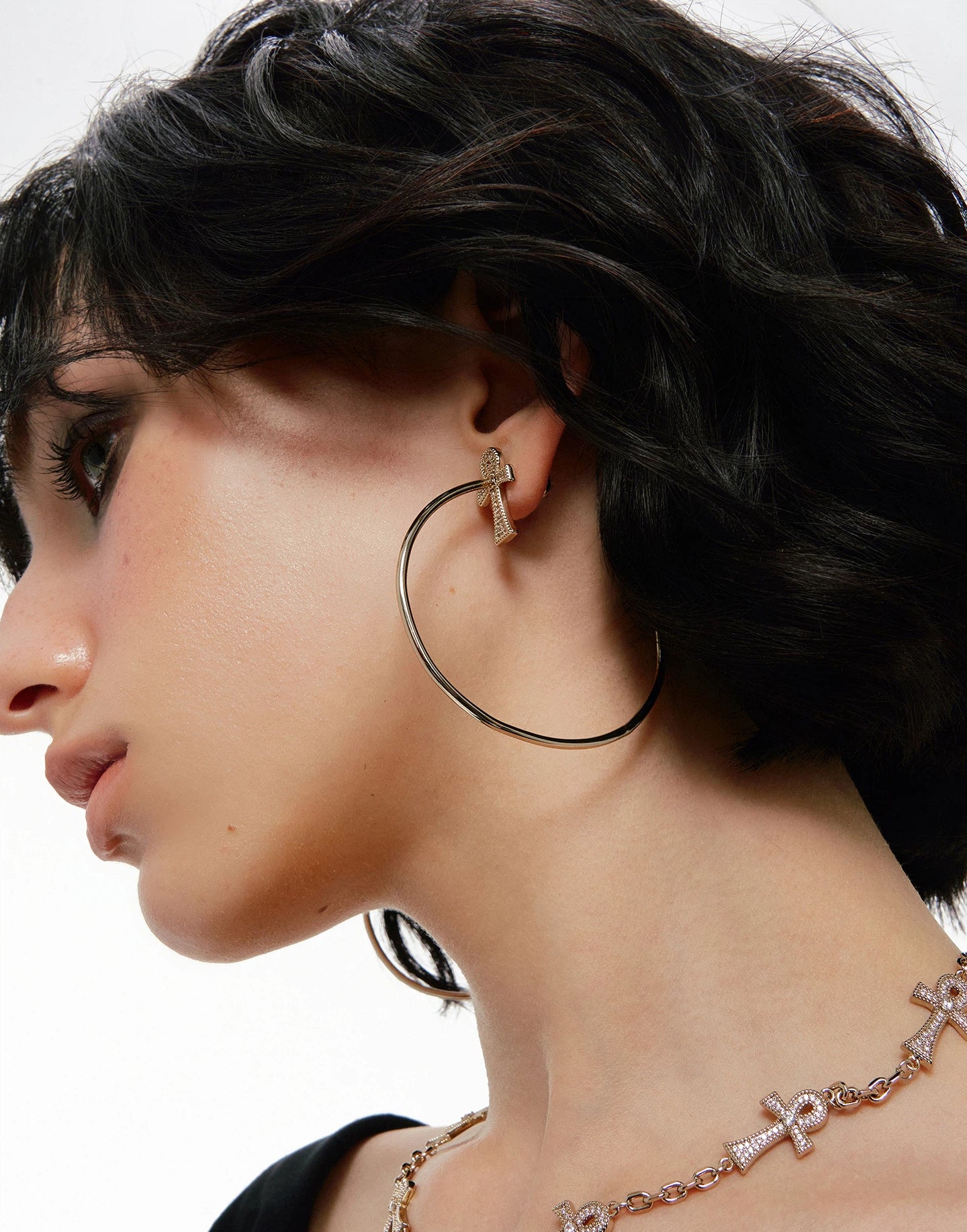 Large Zircon Ankh Hoop Earrings