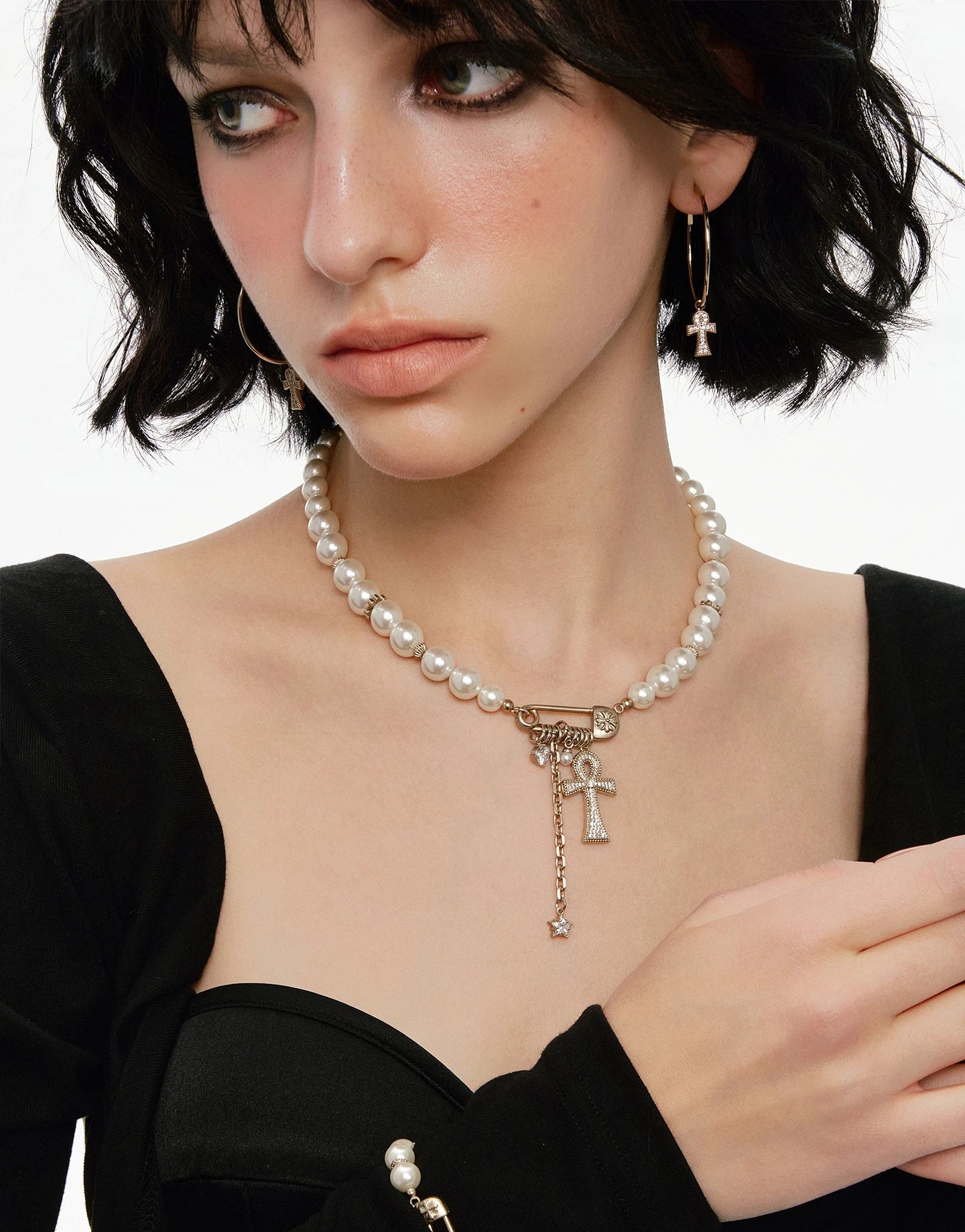 Medium Zircon Ankh Hoop Earrings