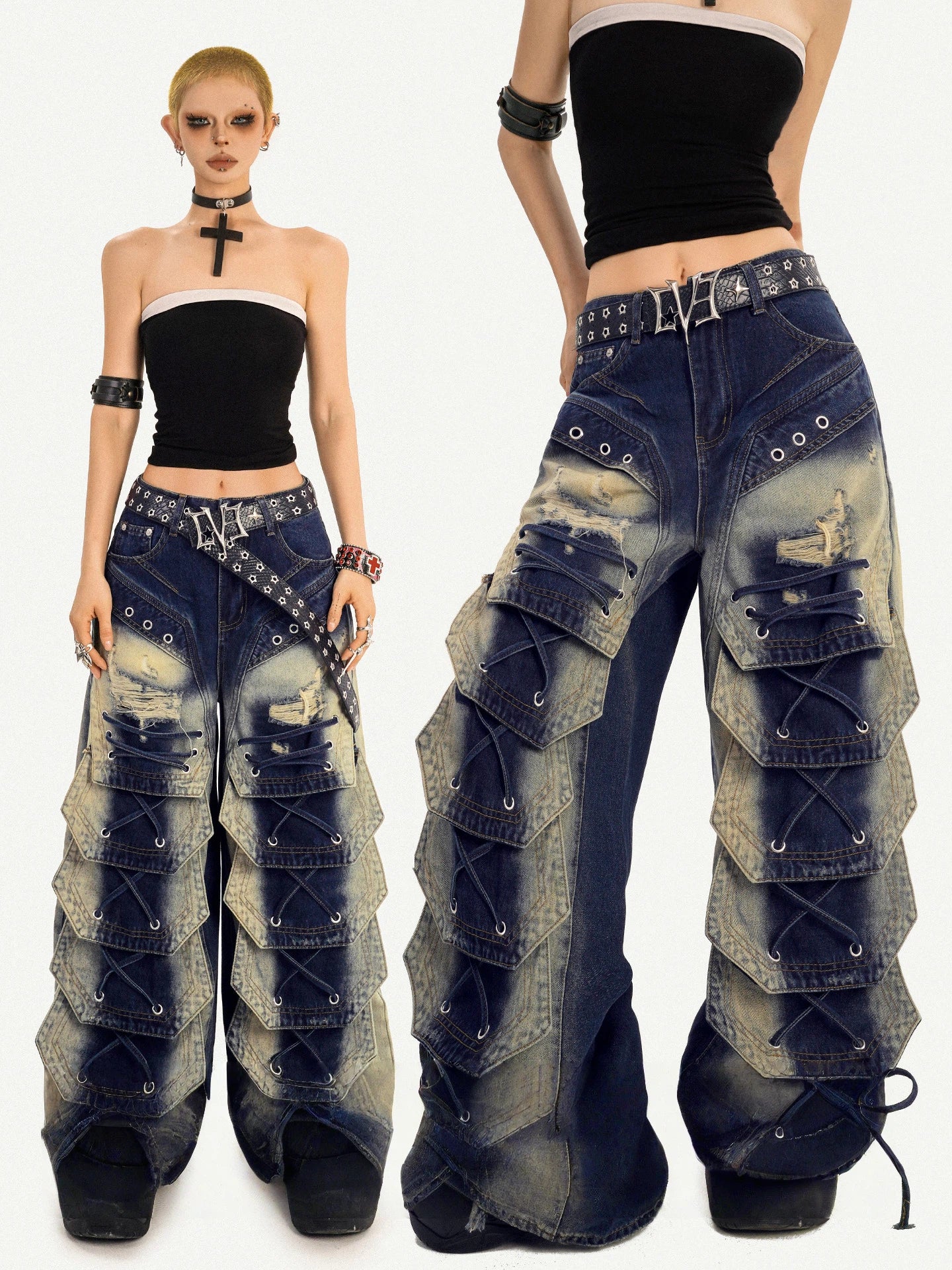 Heavy-Washed Cargo Denim Pants with Multi-Pocket Punk Street Style
