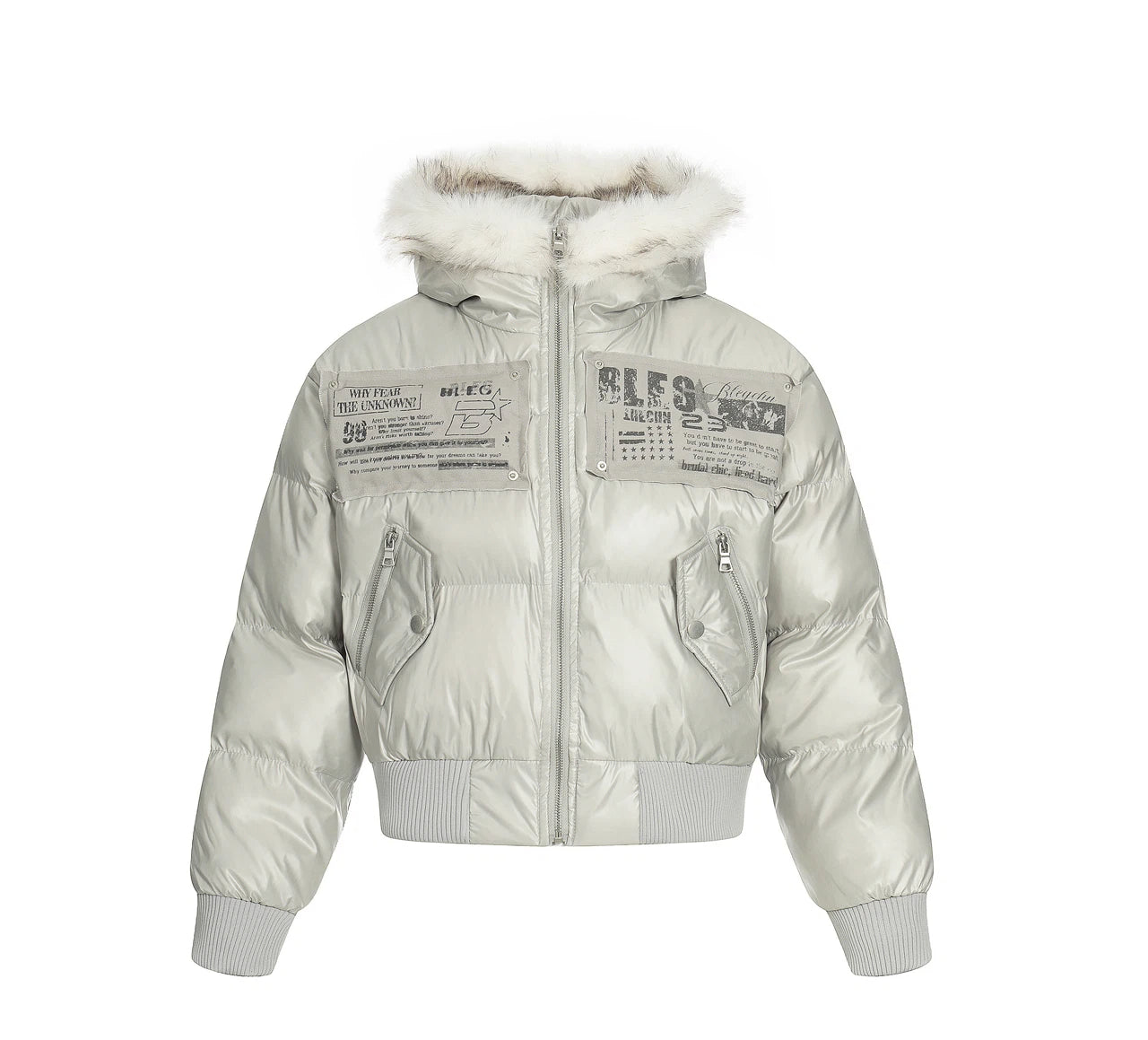 Patchwork Hooded Short Puffer Jacket with Faux Fur Collar