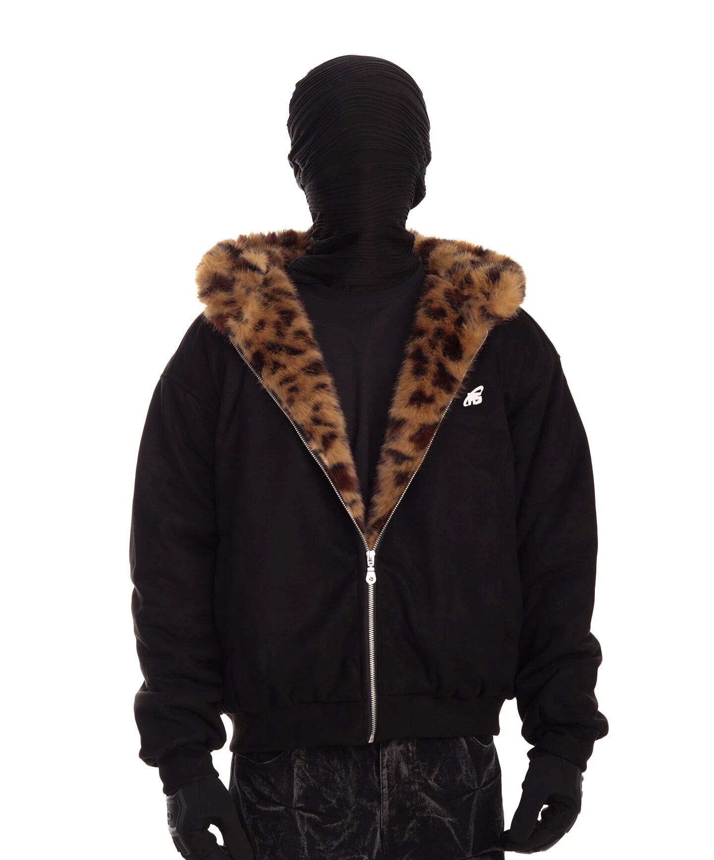 Vintage Black Suede Patchwork Leopard Fur Hooded Jacket