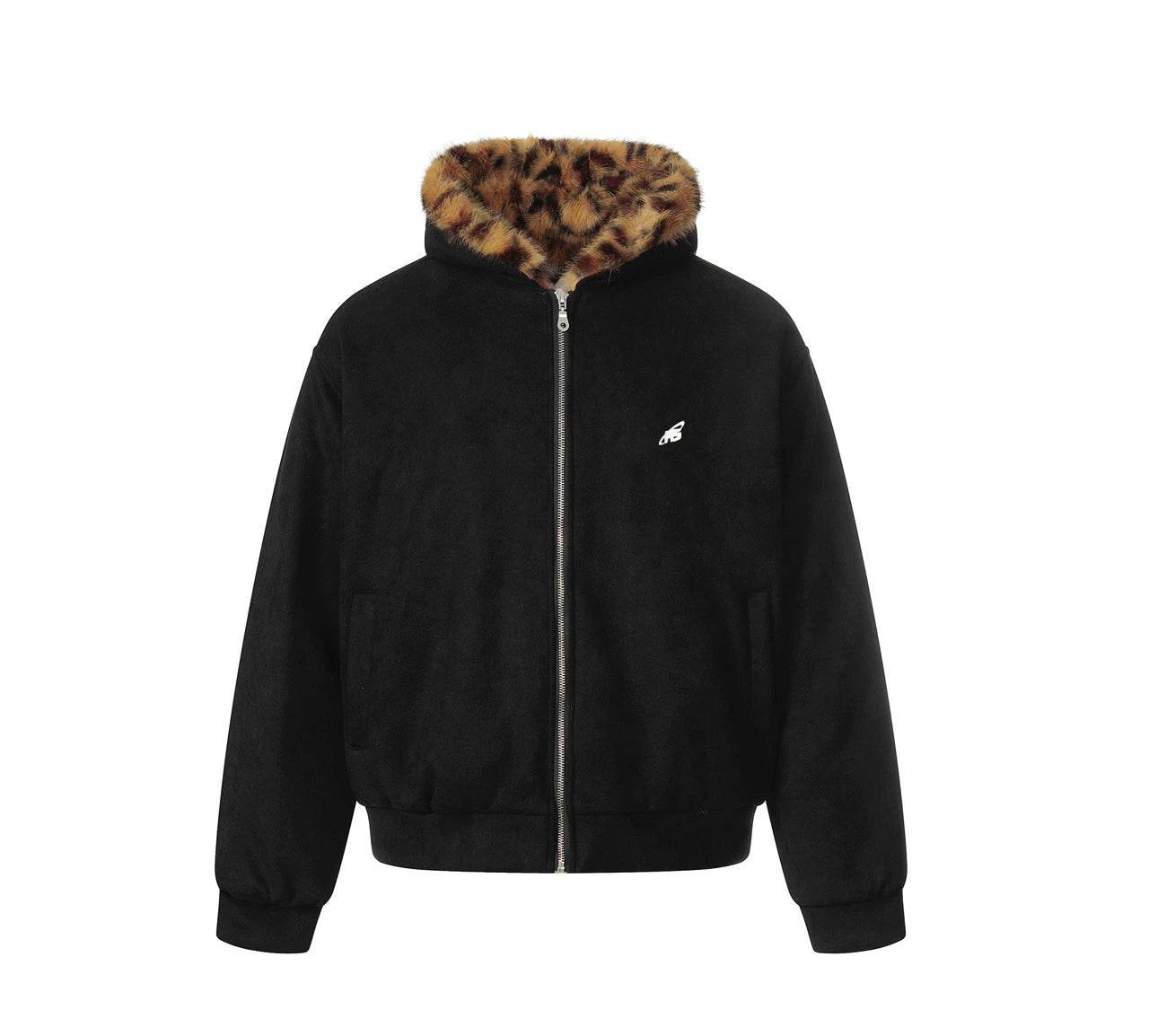 Vintage Black Suede Patchwork Leopard Fur Hooded Jacket