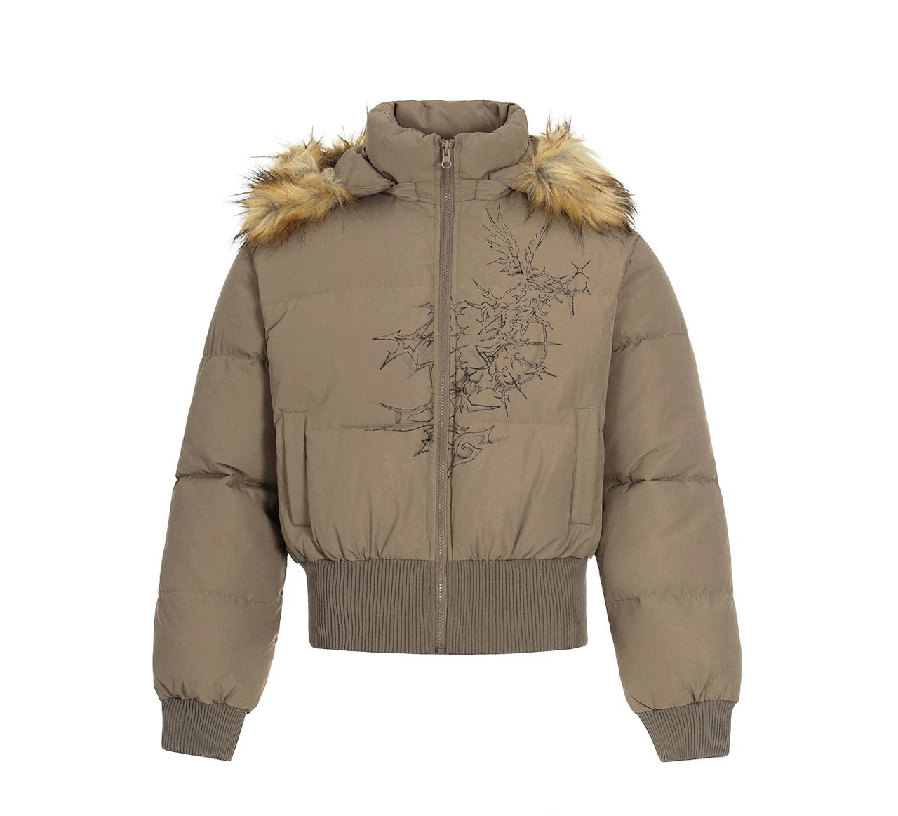 Short Hooded Fur-Trimmed Puffer Jacket with Waist Fit