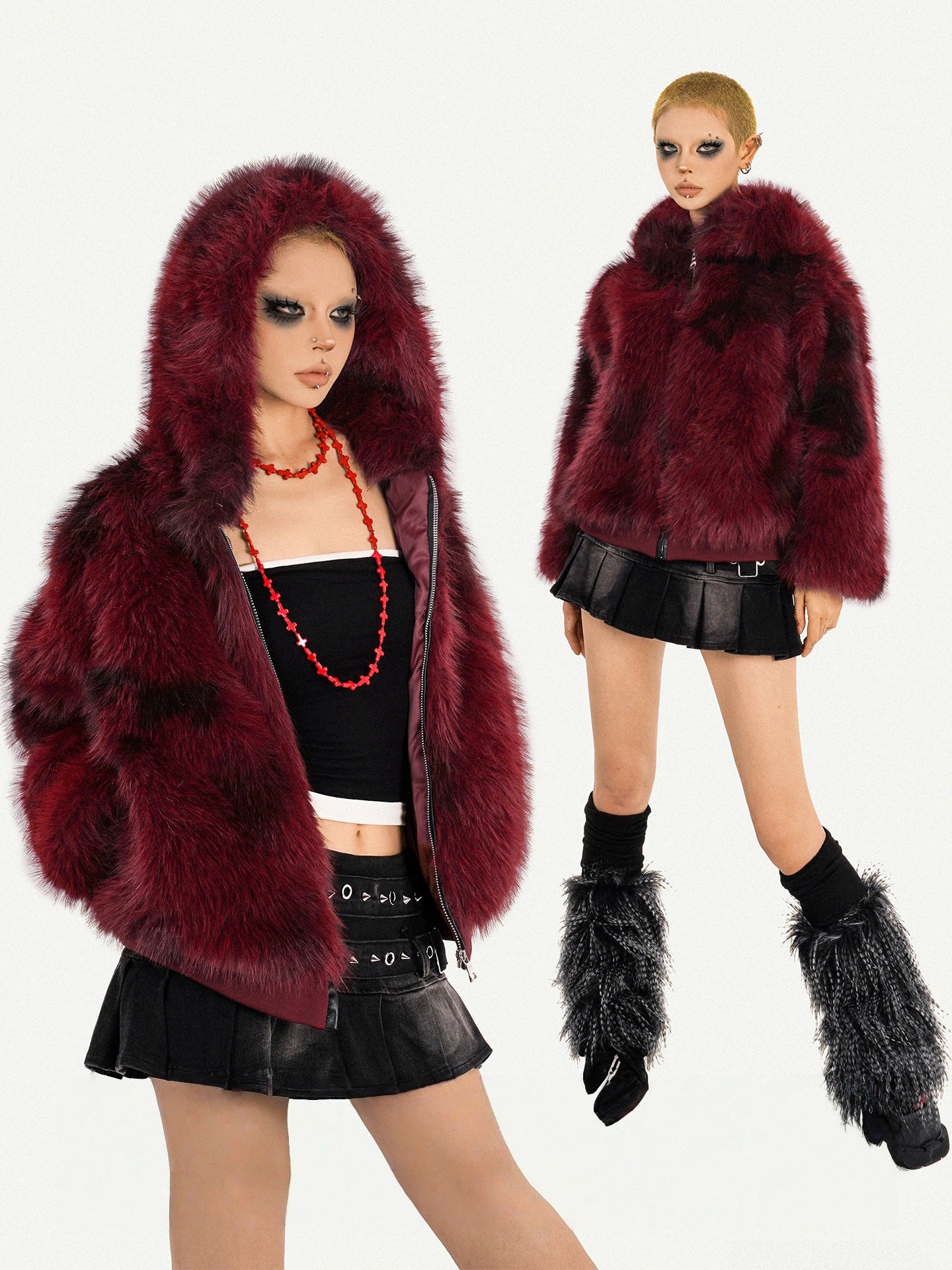 Sanhoostudio’s red furry jacket combines warmth and attitude in a striking hooded silhouette—an essential piece for bold winter street styling.