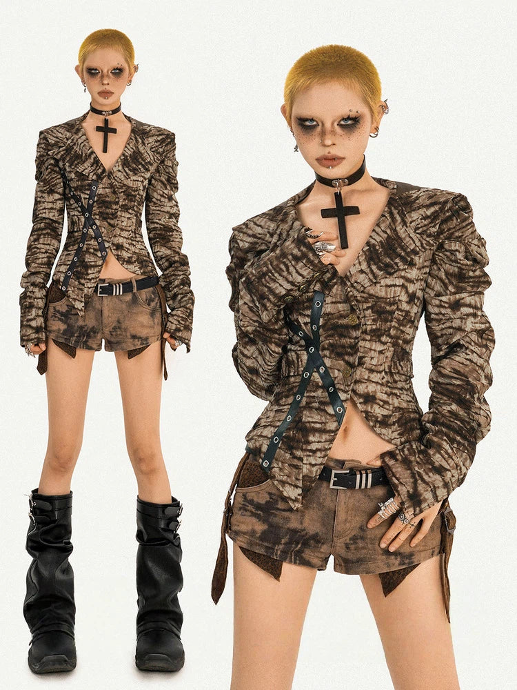 Brown Tie-Dye Fitted Shirt Jacket