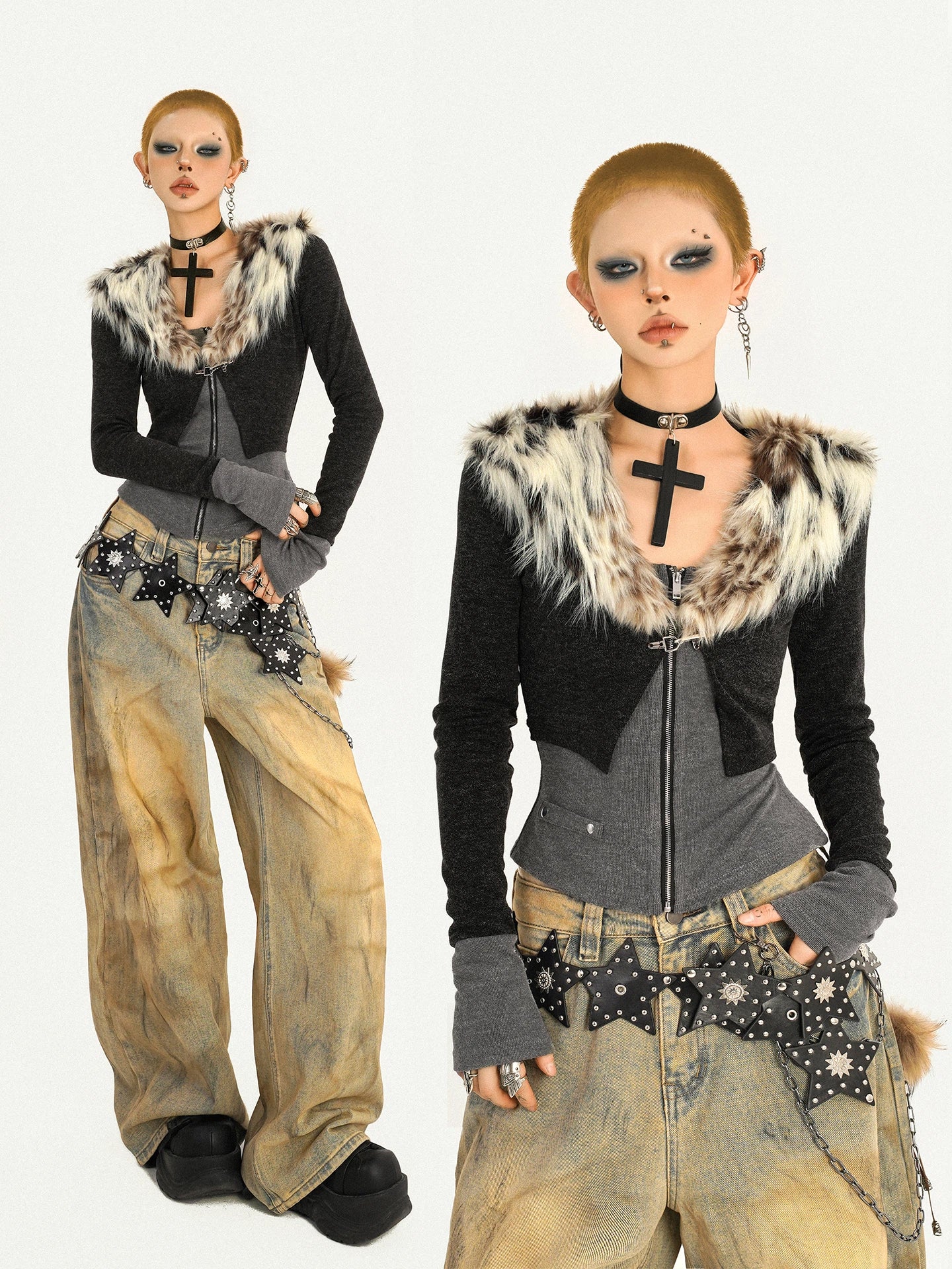 Leopard Fur Collar Knit Cardigan