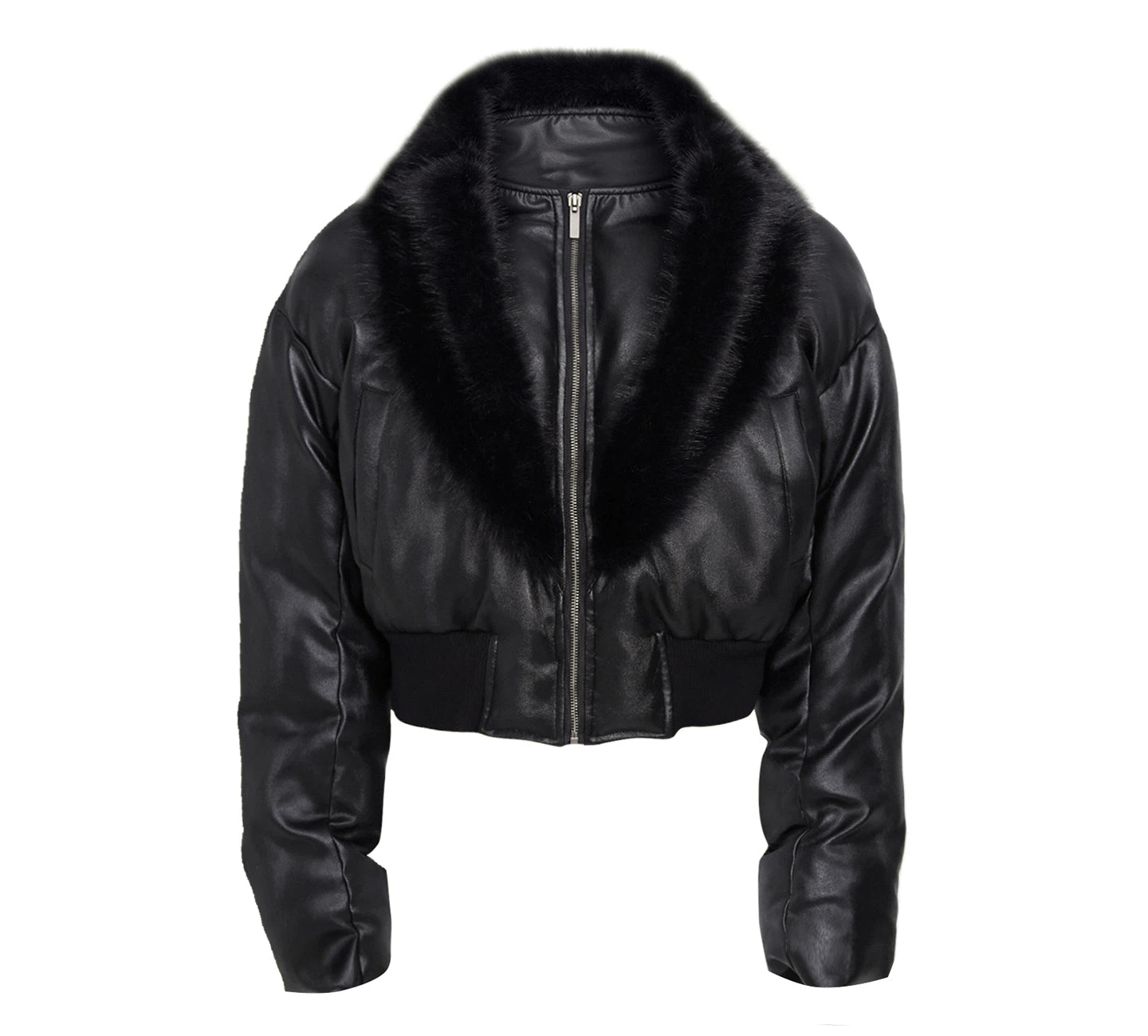 Faux-Fur Collar Leather Puffer Jacket