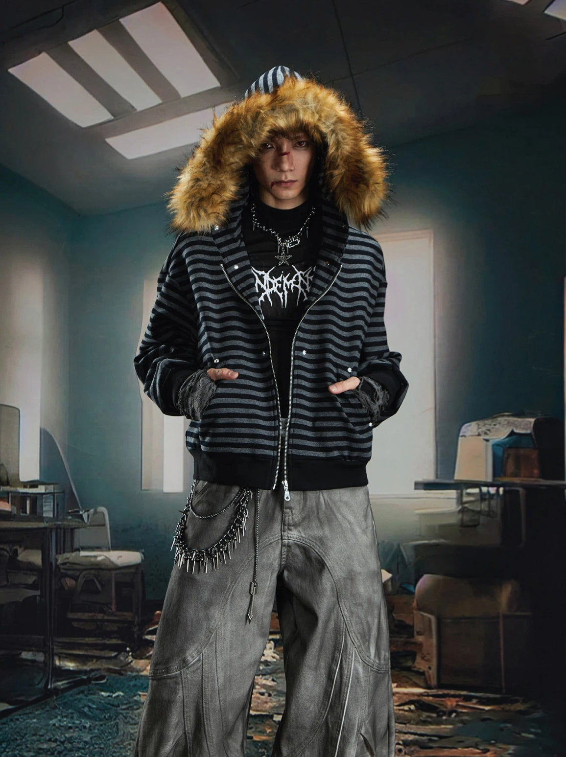 Y2K Furry Patchwork Zip Hoodie with Striped Design