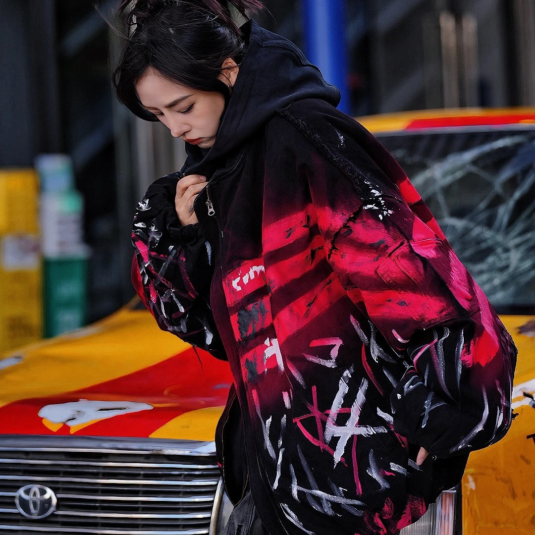 Heavy-Stitch Washed Graffiti Patchwork Denim Jacket (Pre-order, Ships Within 20 Days)