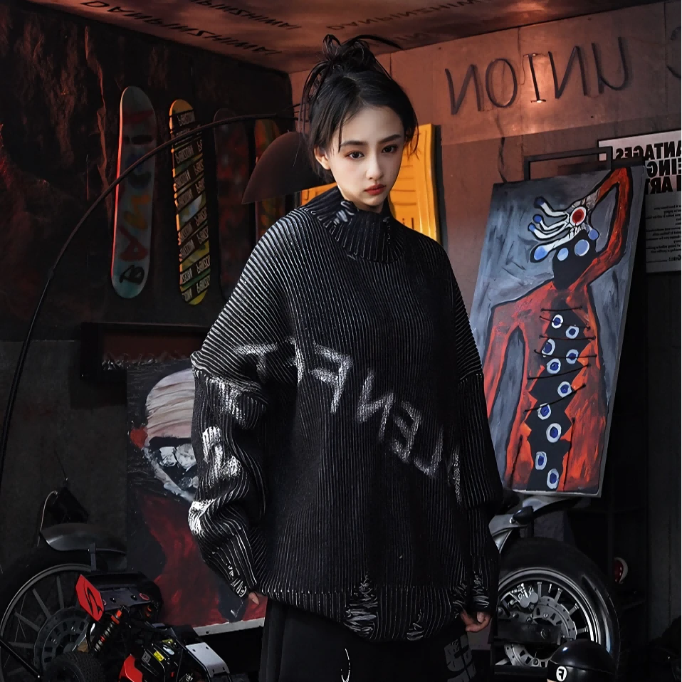 High-Neck Distressed Graffiti Heavy-Knit Destroyed Sweater