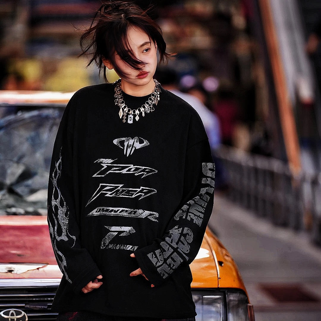 Thermal Fleece Graffiti Patchwork Oversized Hip-Hop Top