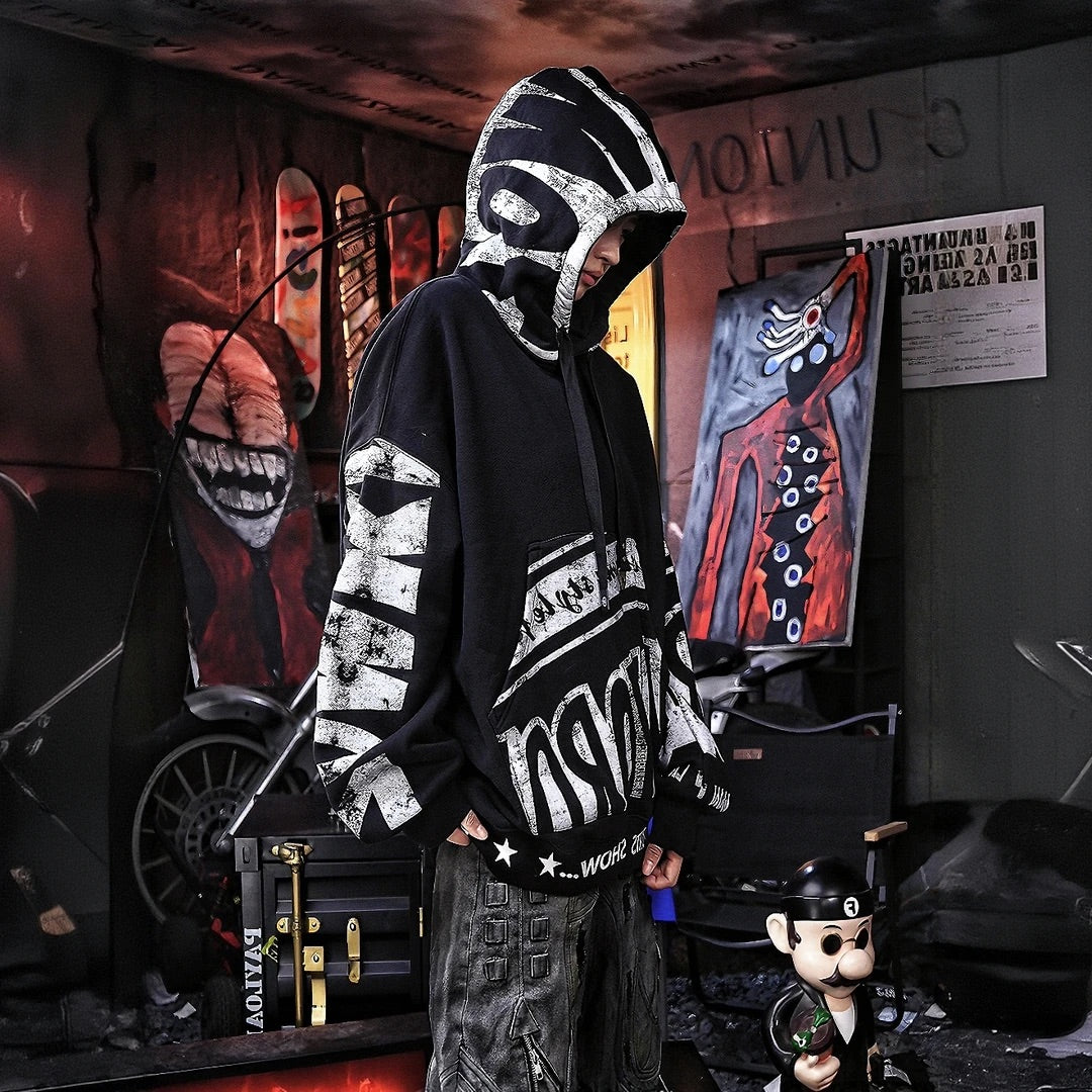 Oversized Hood Fleece Graffiti Mud-Dyed Washed Black Jacket