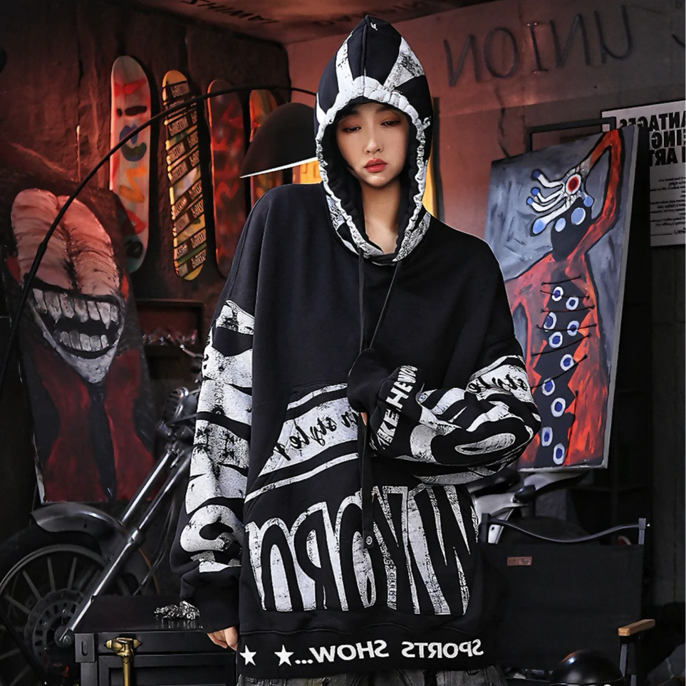Oversized Hood Fleece Graffiti Mud-Dyed Washed Black Jacket