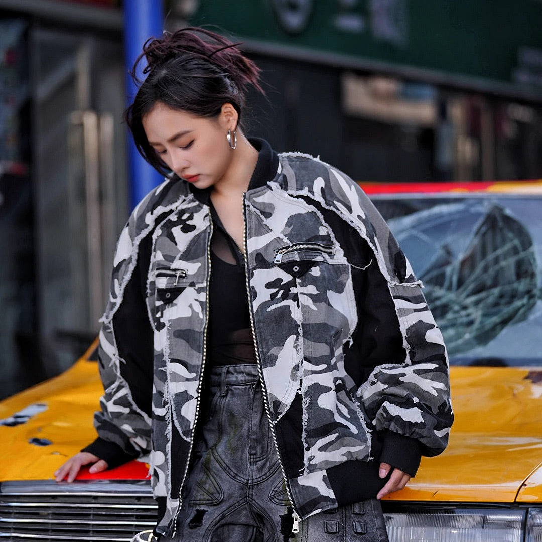 Heavy Washed Graffiti Patchwork Denim Puffer Jacket