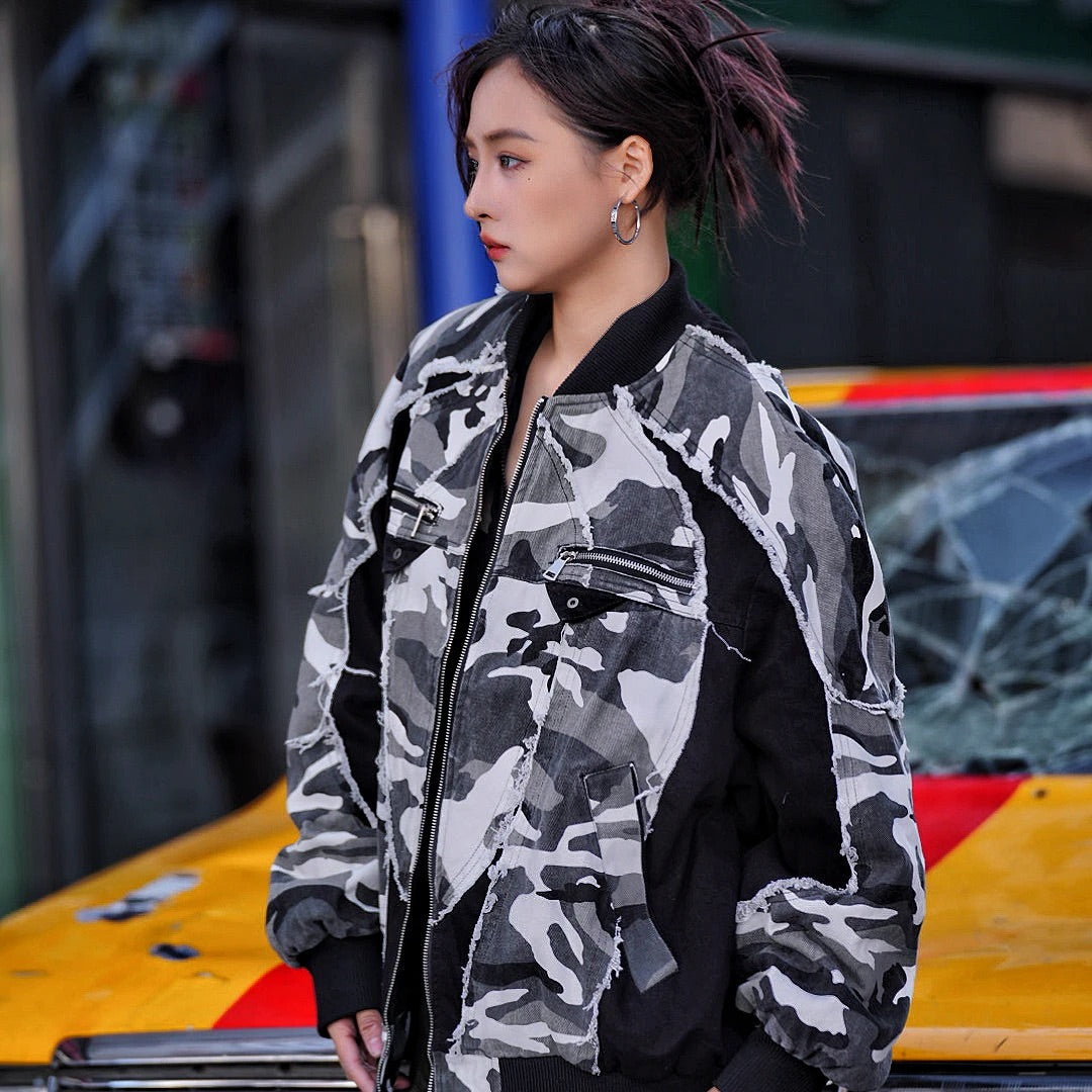 Heavy Washed Graffiti Patchwork Denim Puffer Jacket