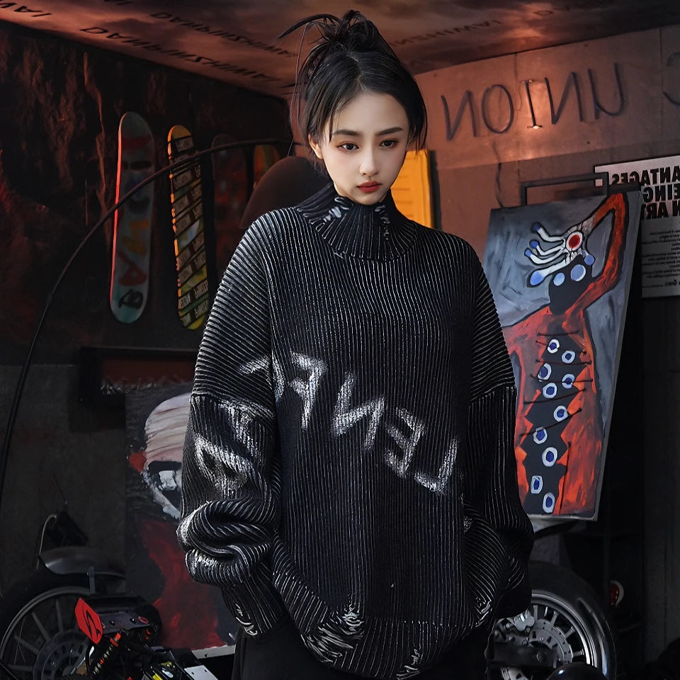 Graffiti Distressed High-Neck Street Knit Sweater