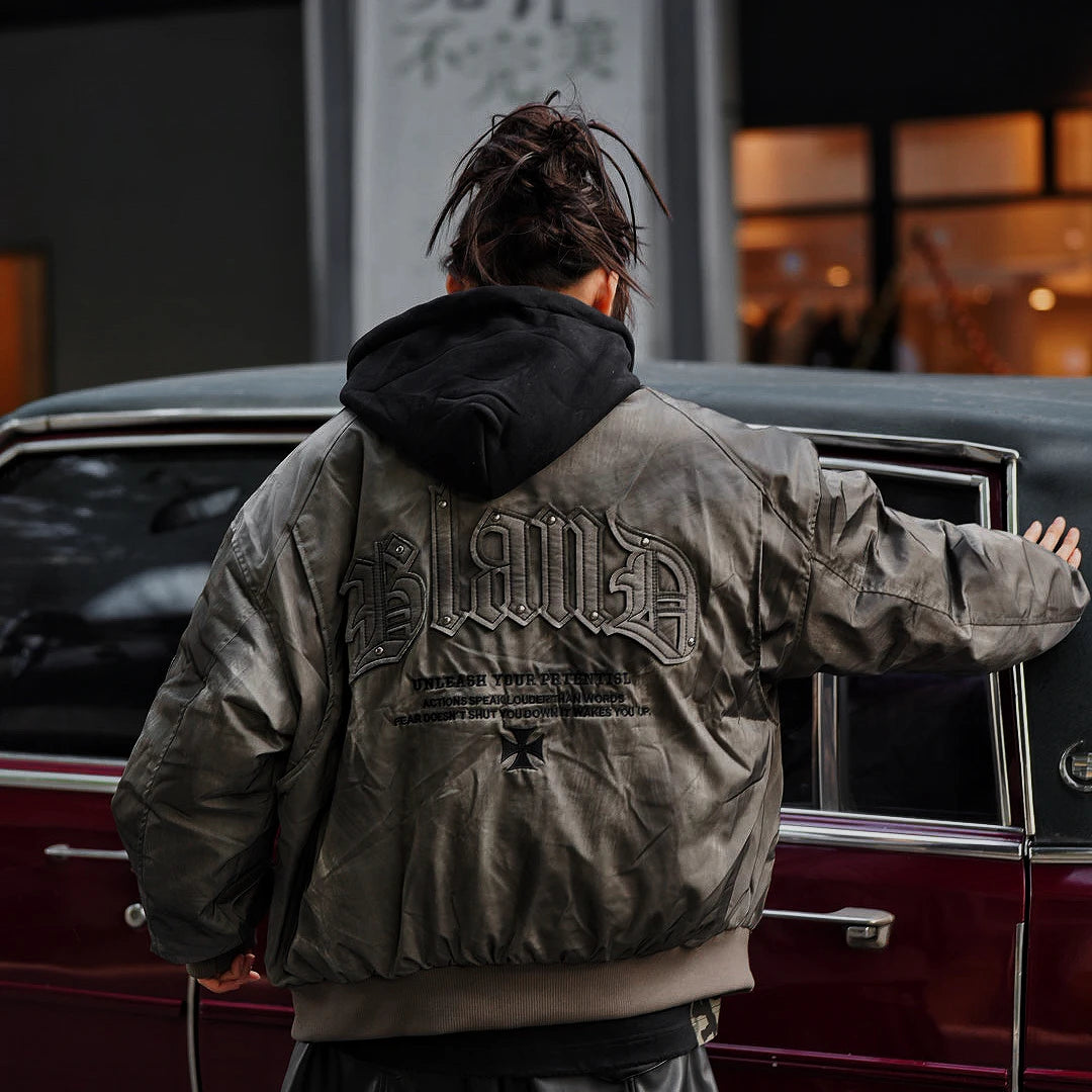 Sanhoostudio hooded leather jacket featuring distressed texture, colorblock panels, and utility pockets. Built for winter streetwear with bold high-street attitude.