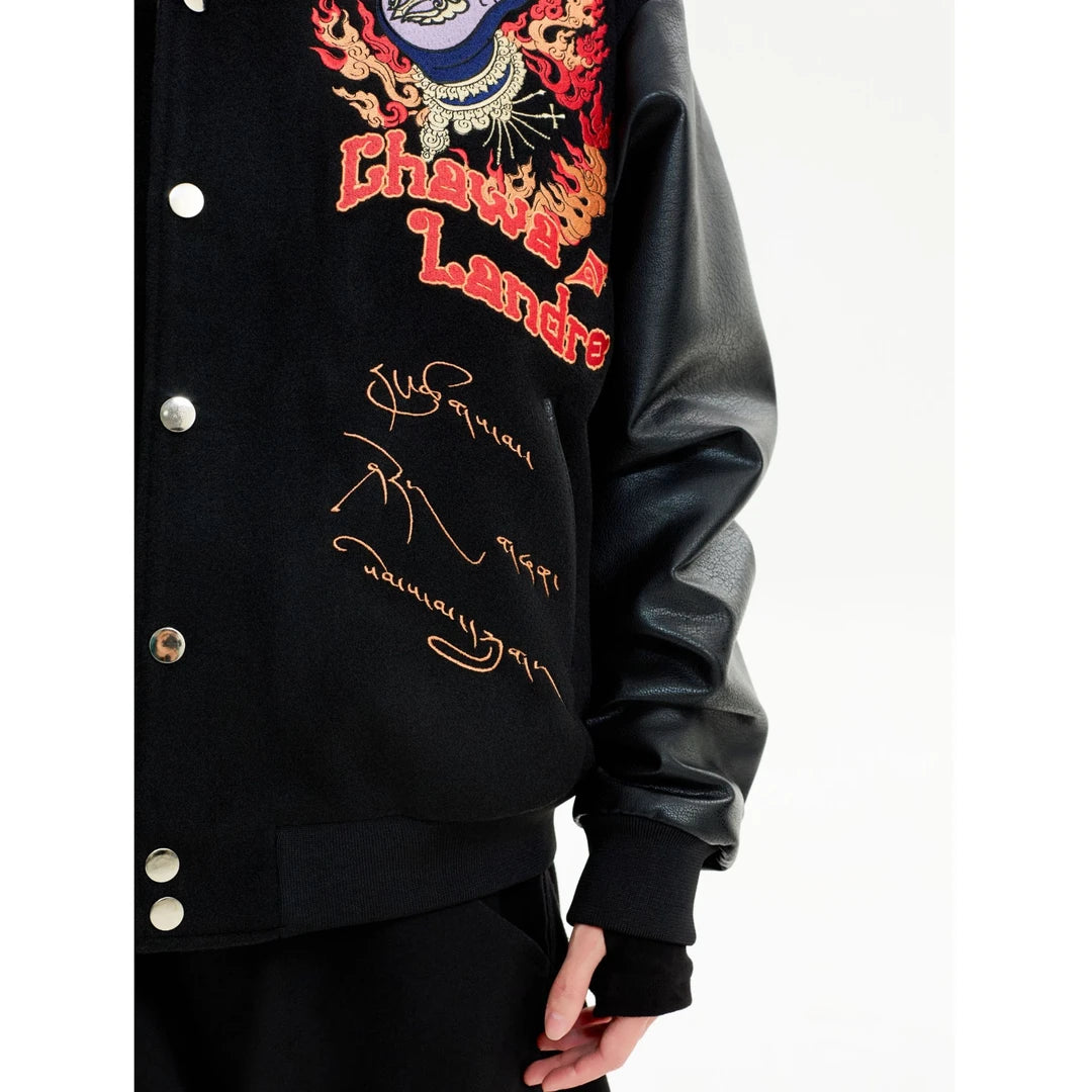 Sanhoostudio heavyweight varsity jacket inspired by American vintage streetwear. Designed with a warm structure and relaxed fit for unisex winter styling and urban fashion looks.