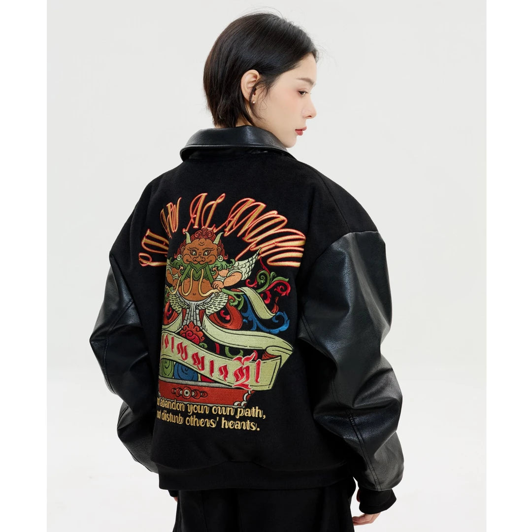 Sanhoostudio heavyweight varsity jacket inspired by American vintage streetwear. Designed with a warm structure and relaxed fit for unisex winter styling and urban fashion looks.