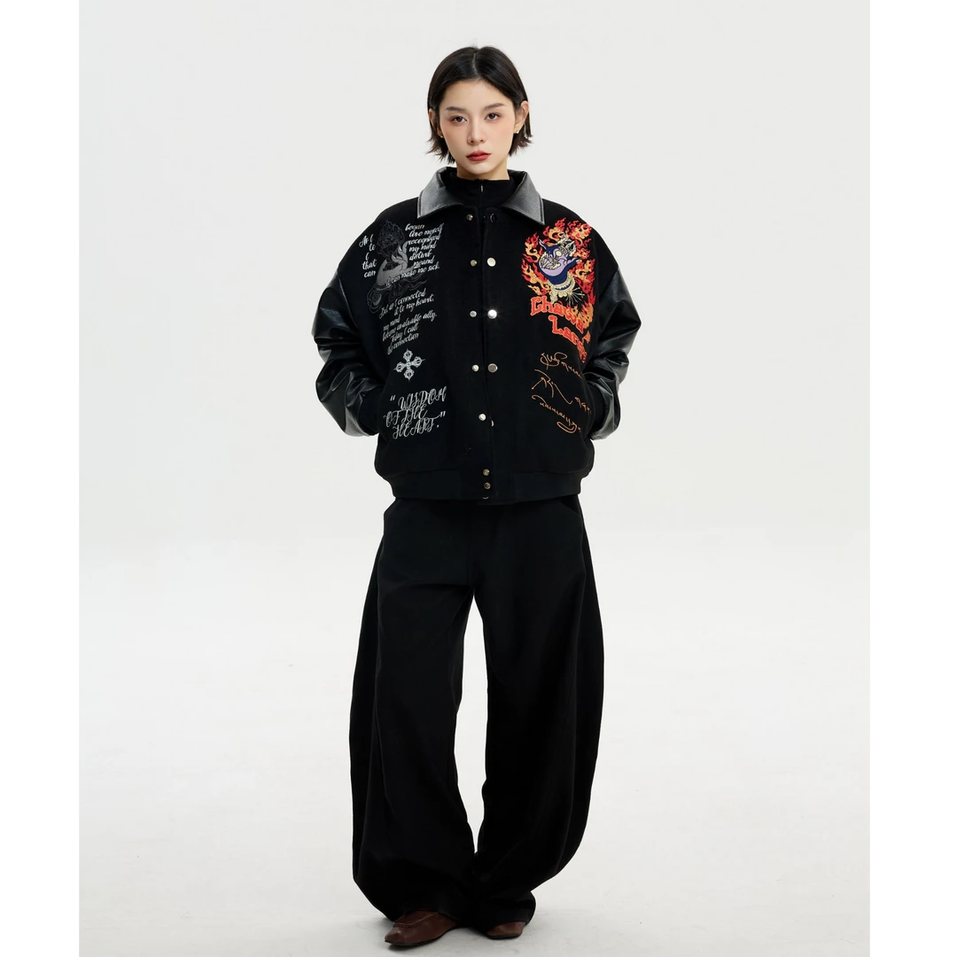 Sanhoostudio heavyweight varsity jacket inspired by American vintage streetwear. Designed with a warm structure and relaxed fit for unisex winter styling and urban fashion looks.