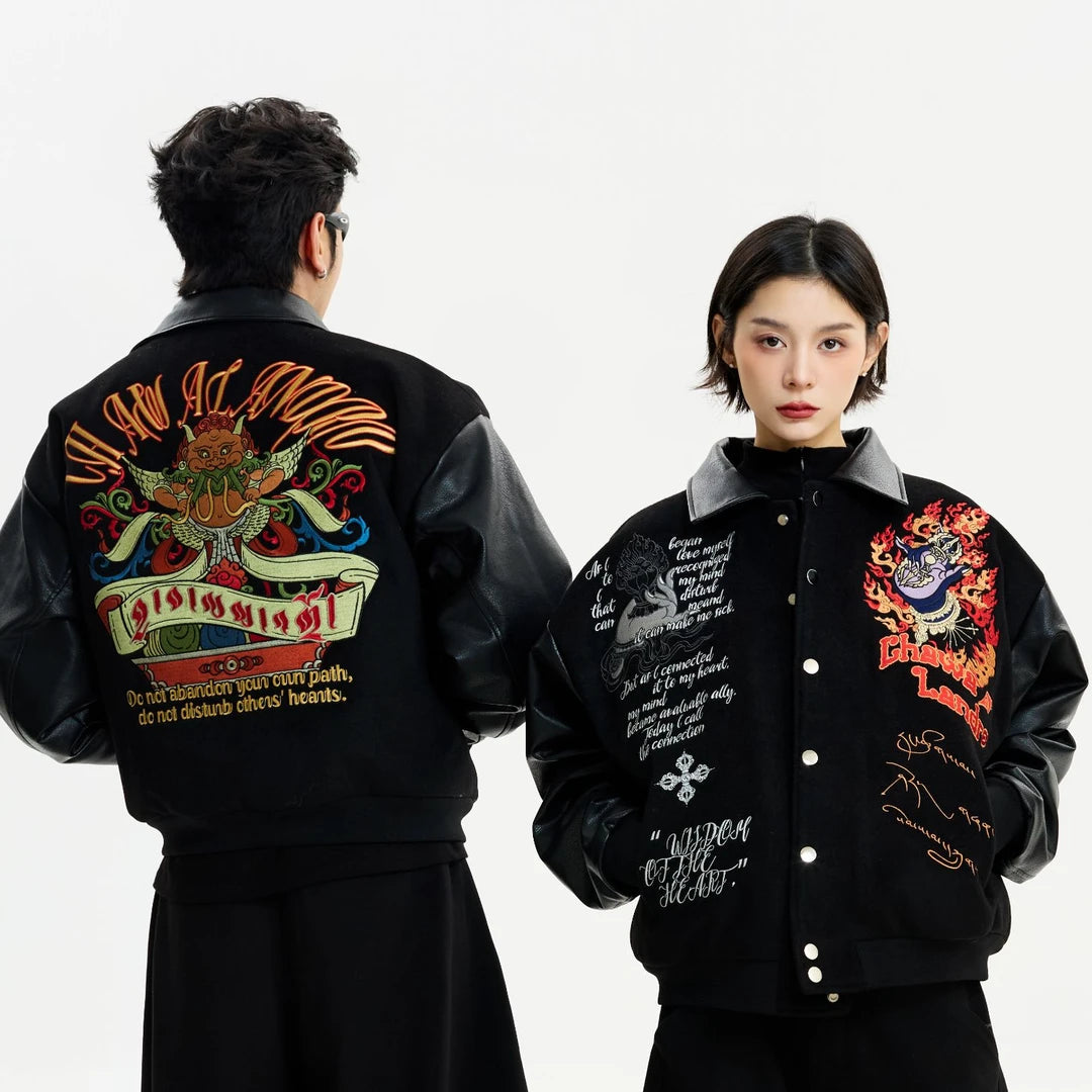 Sanhoostudio heavyweight varsity jacket inspired by American vintage streetwear. Designed with a warm structure and relaxed fit for unisex winter styling and urban fashion looks.