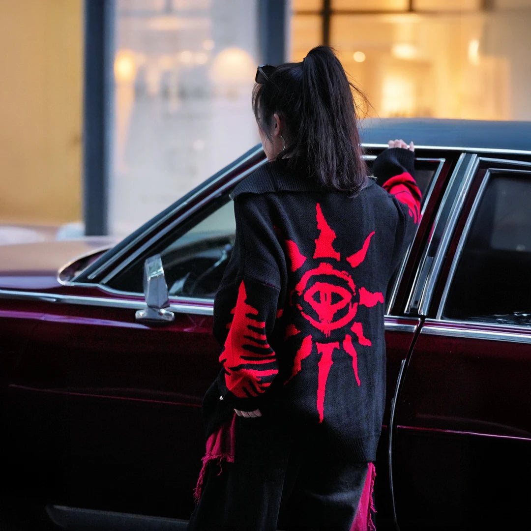 Sanhoostudio high neck knit sweater featuring distressed graffiti artwork and a bold high street aesthetic. Designed for standout fall and winter styling.