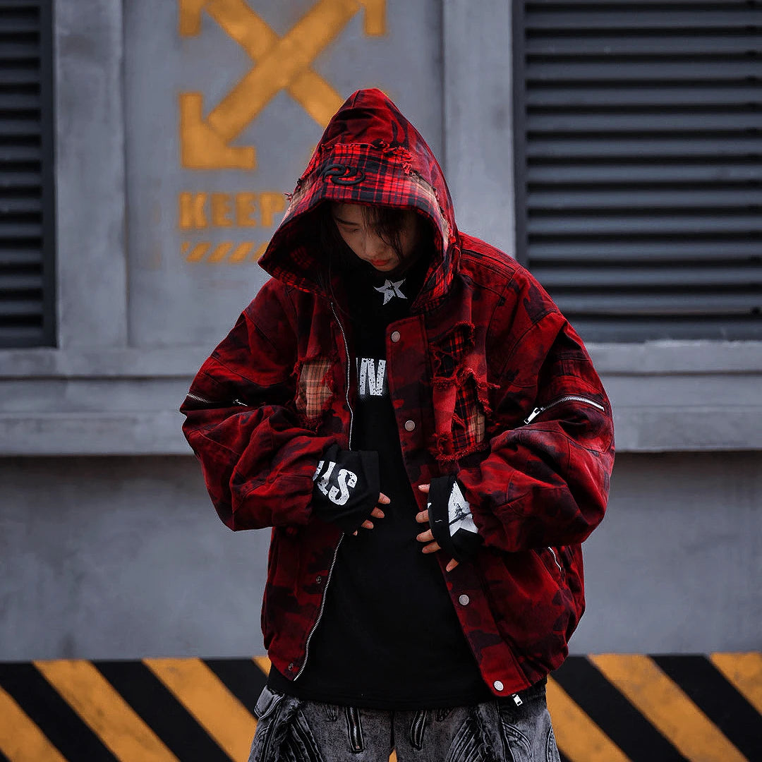 Sanhoostudio heavyweight denim jacket featuring embroidery, graffiti artwork, and washed distressed finish. Designed with patchwork details and a relaxed unisex streetwear silhouette.