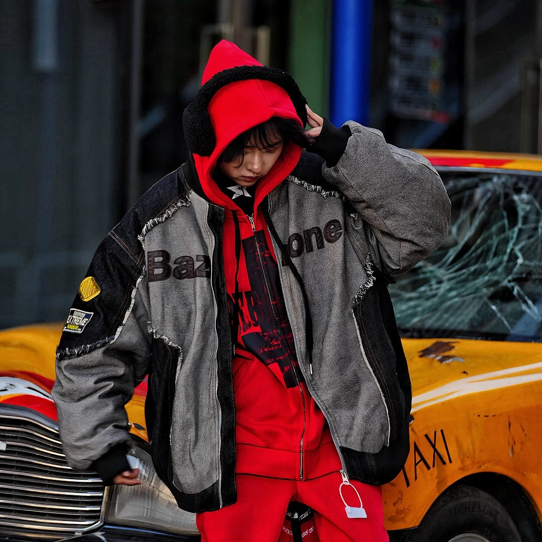 Sanhoostudio fleece hooded down jacket designed with a workwear-inspired silhouette. Built for winter warmth with a loose American streetwear fit.