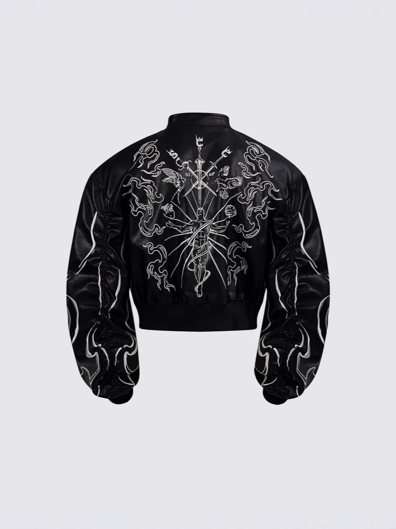 Sanhoostudio short biker jacket featuring gothic-inspired embroidery and a stand collar design. A bold unisex outerwear piece blending biker aesthetics with high street style.