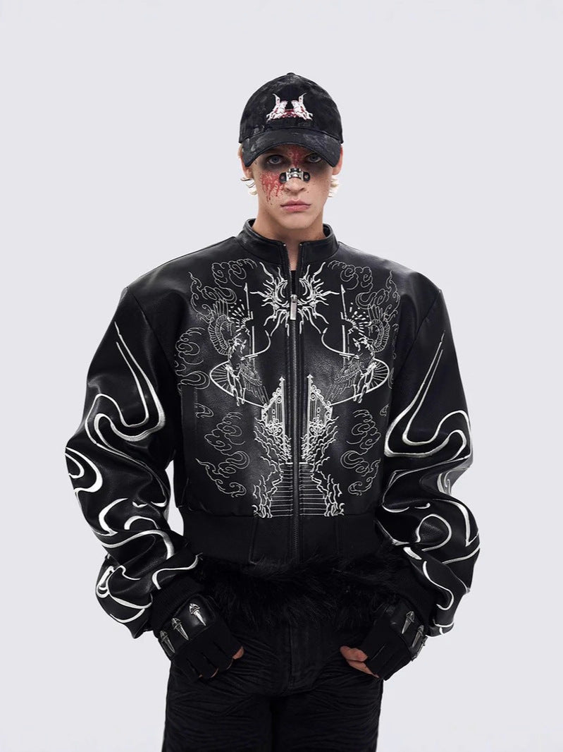 Sanhoostudio short biker jacket featuring gothic-inspired embroidery and a stand collar design. A bold unisex outerwear piece blending biker aesthetics with high street style.