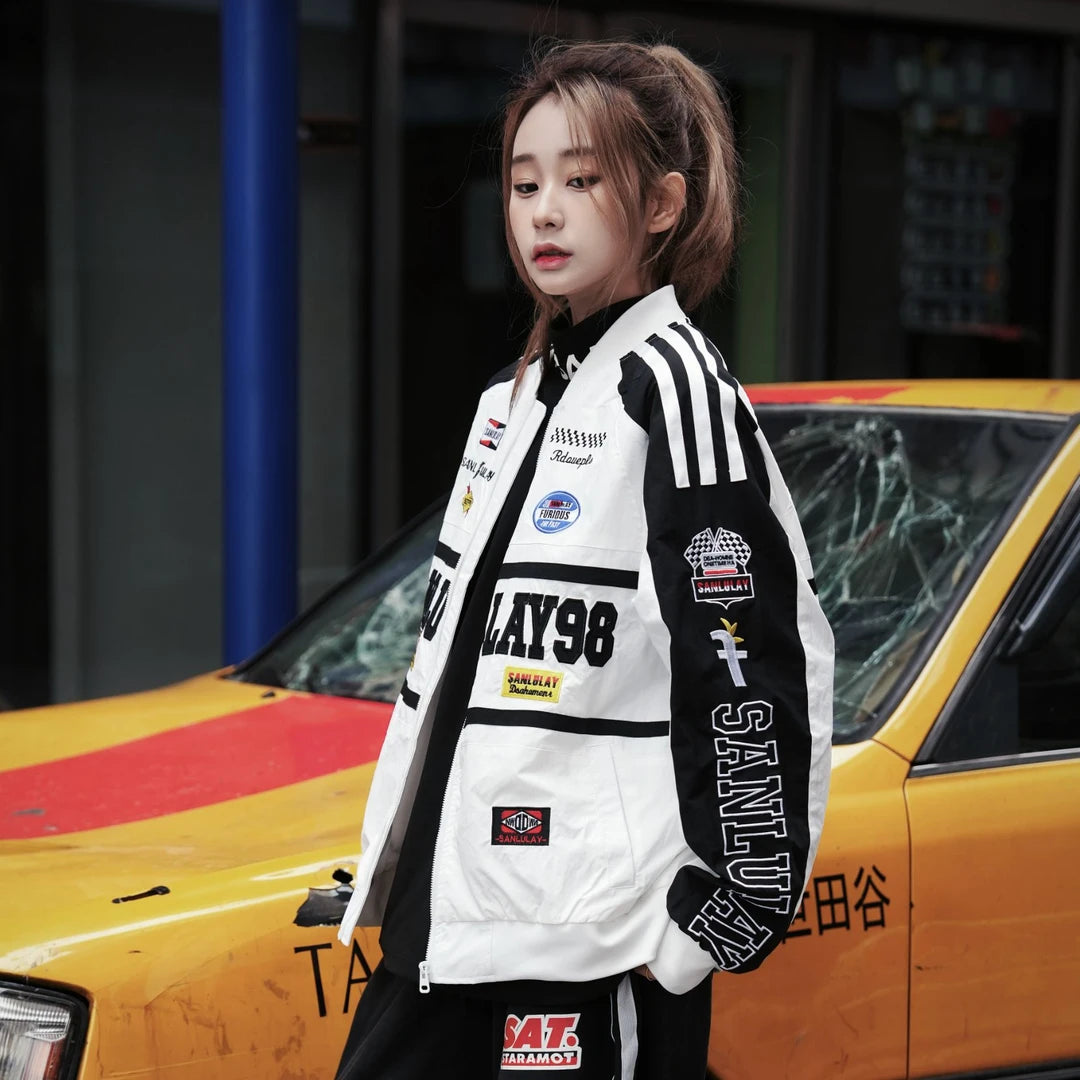 Sanhoostudio retro racing jacket inspired by vintage motorsport culture with relaxed streetwear silhouette.
