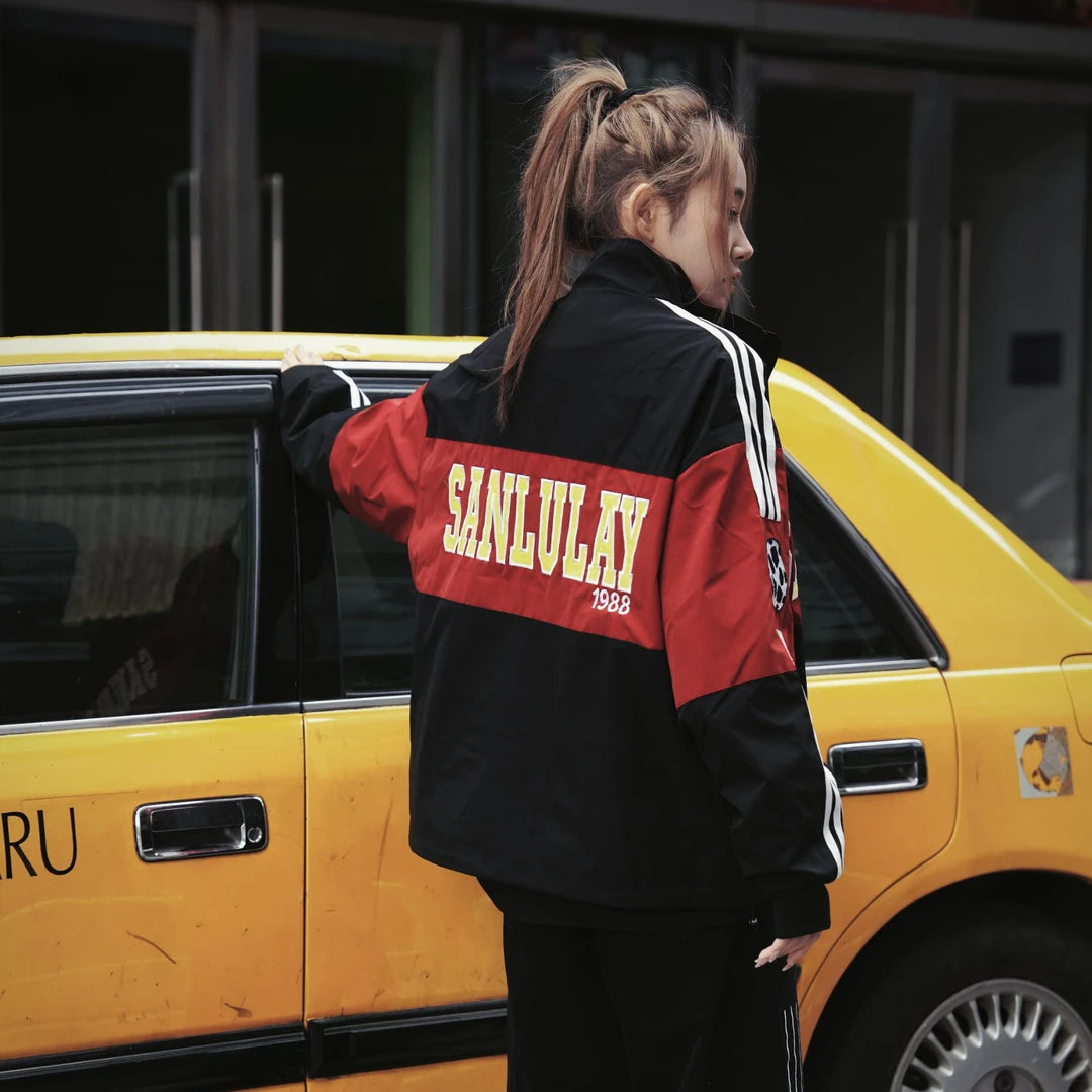Sanhoostudio stand collar biker jacket designed with minimalist streetwear aesthetics and modern urban style.