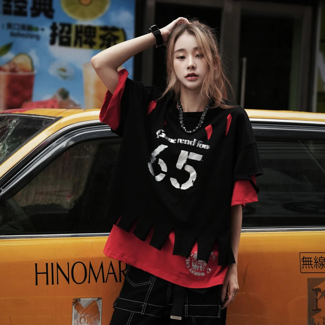 Sanhoostudio short sleeve T-shirt featuring distressed finish, ripped details, and relaxed fit design. Built for bold streetwear styling with a vintage-inspired aesthetic.