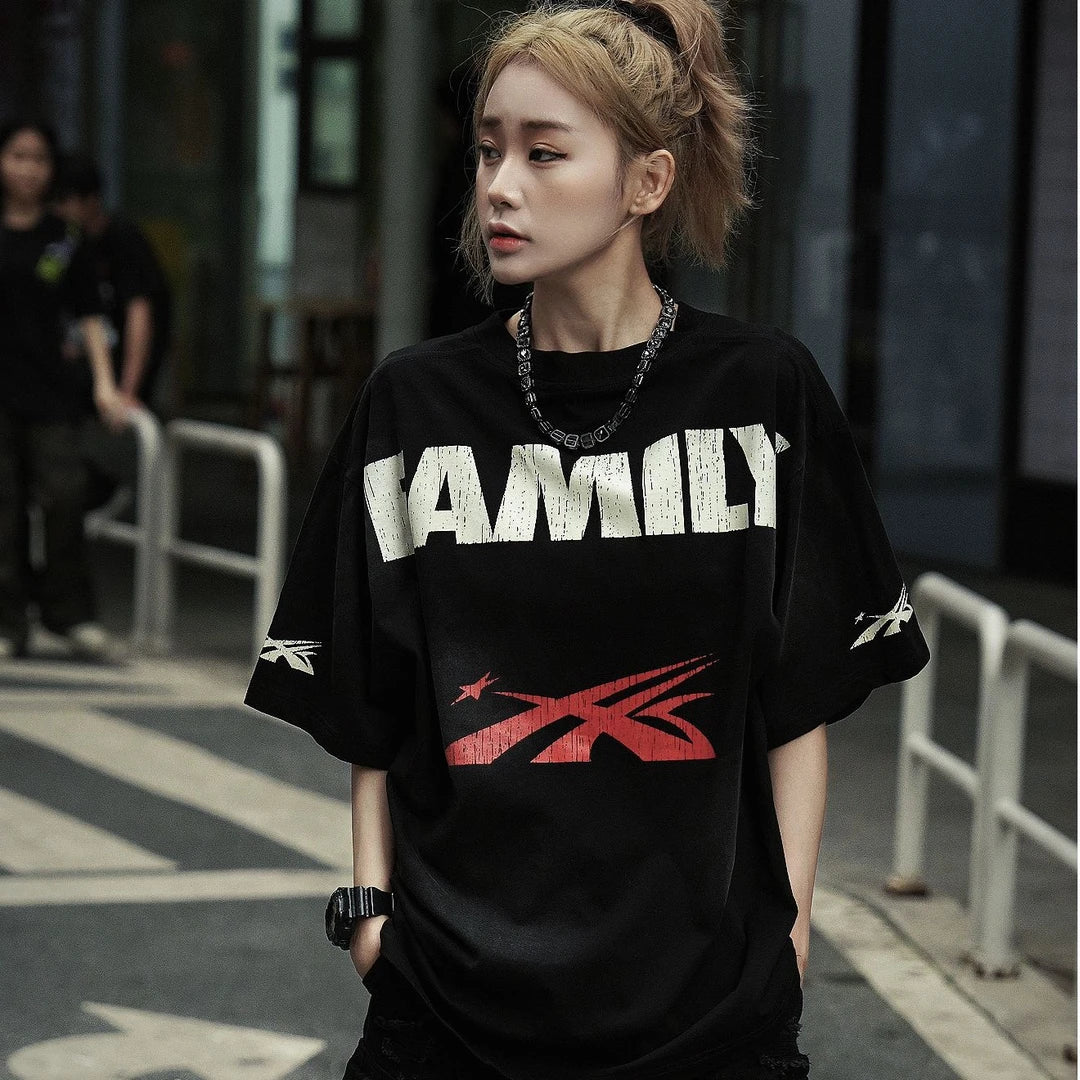 Sanhoostudio oversized short sleeve T-shirt featuring bold graphic print, breathable fabric, and relaxed fit silhouette. Designed for modern streetwear outfits, daily casual wear, and easy layering across seasons.