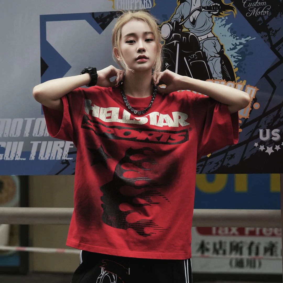 Sanhoostudio oversized short sleeve T-shirt featuring bold graphic print, breathable fabric, and relaxed fit silhouette. Designed for modern streetwear outfits, daily casual wear, and easy layering across seasons.