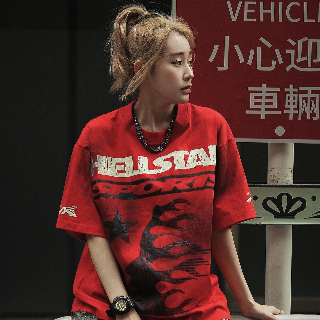 Sanhoostudio oversized short sleeve T-shirt featuring bold graphic print, breathable fabric, and relaxed fit silhouette. Designed for modern streetwear outfits, daily casual wear, and easy layering across seasons.
