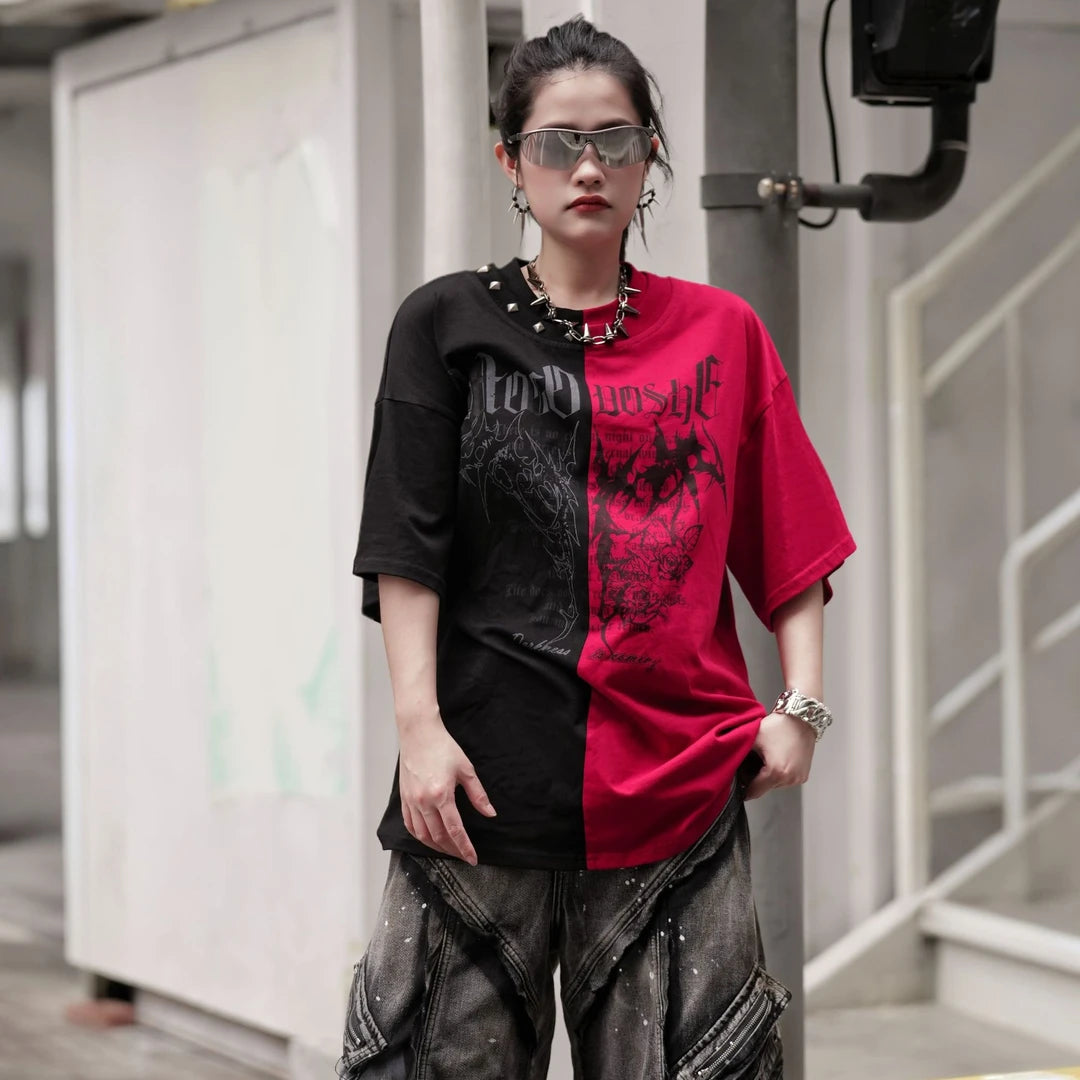 Sanhoostudio short sleeve T-shirt featuring graffiti print, studded details, and colorblock design. A bold streetwear piece built for standout summer outfits with comfort, breathability, and visual impact.