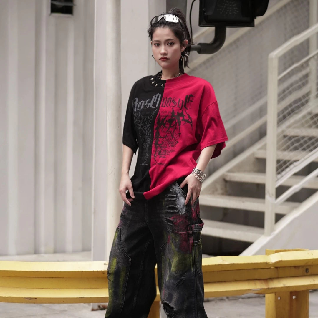Sanhoostudio short sleeve T-shirt featuring graffiti print, studded details, and colorblock design. A bold streetwear piece built for standout summer outfits with comfort, breathability, and visual impact.
