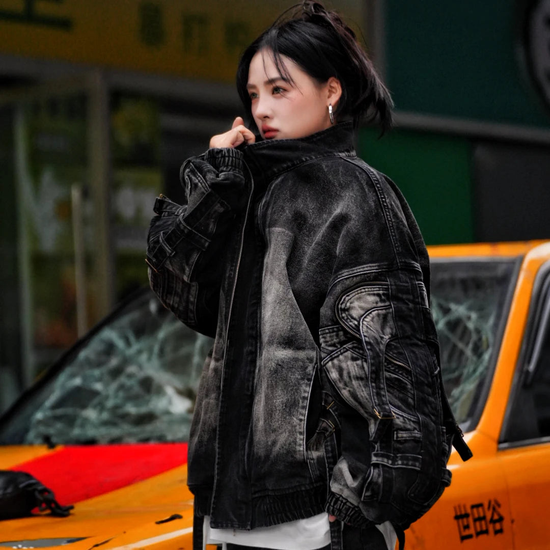 Sanhoostudio denim jacket featuring graffiti artwork, distressed finish, and structured design. Perfect for streetwear layering with a bold aesthetic, durable fabric, and versatile everyday styling.