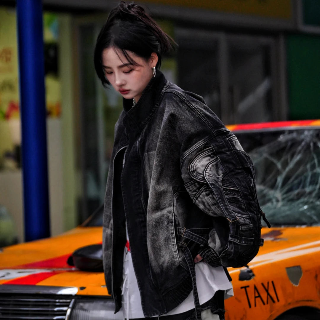 Sanhoostudio denim jacket featuring graffiti artwork, distressed finish, and structured design. Perfect for streetwear layering with a bold aesthetic, durable fabric, and versatile everyday styling.