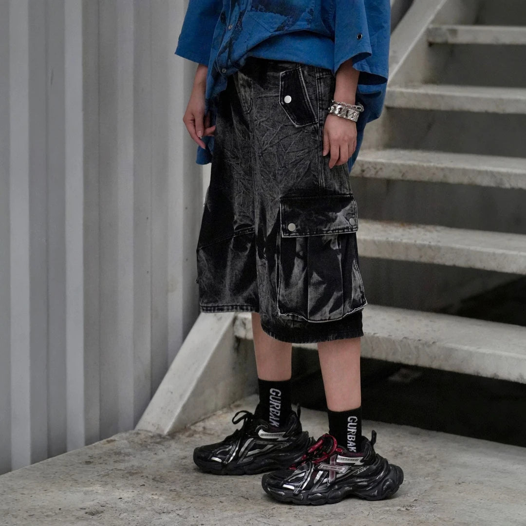 Sanhoostudio denim cargo shorts featuring vintage washed finish, wide leg silhouette, and functional design. Perfect for summer streetwear outfits with comfort, breathability, and casual versatility.