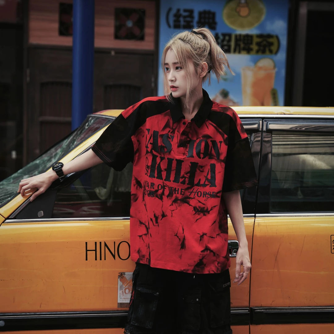 Sanhoostudio short sleeve T-shirt featuring letter print design, patchwork construction, and relaxed fit. Built for casual streetwear outfits with comfort and everyday versatility.
