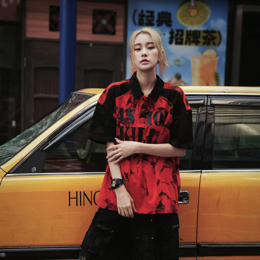 Sanhoostudio short sleeve T-shirt featuring letter print design, patchwork construction, and relaxed fit. Built for casual streetwear outfits with comfort and everyday versatility.
