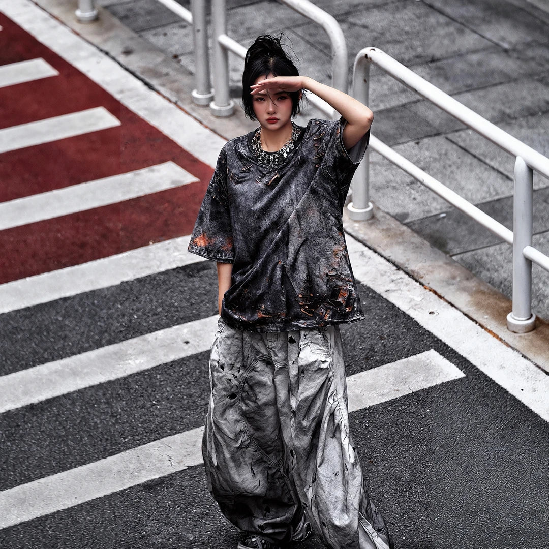 Sanhoostudio short sleeve T-shirt featuring graphic print design and oversized fit silhouette. Designed for modern streetwear outfits with breathable comfort, lightweight feel, and versatile everyday styling.